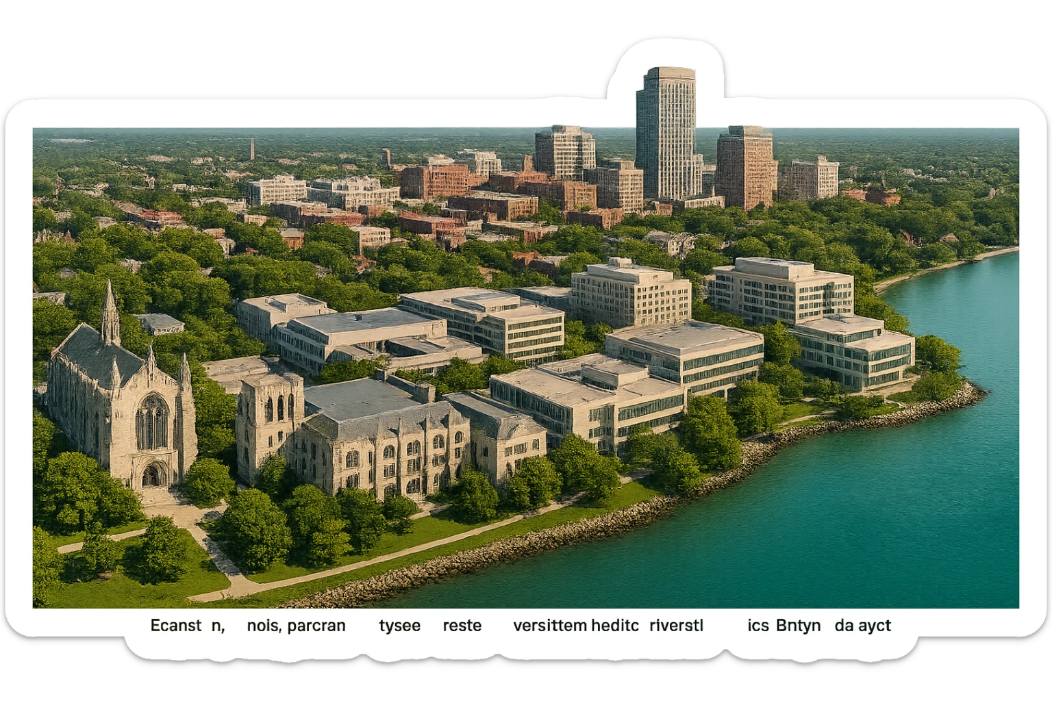 cinematic realistic emoji of Evanston, Illinois, panoramic cityscape with Northwestern University campus, Lake Michigan, downtown Evanston, iconic university buildings, lifelike detail, accurate colors, bright daylight, no sky, no clouds, transparent background sticker