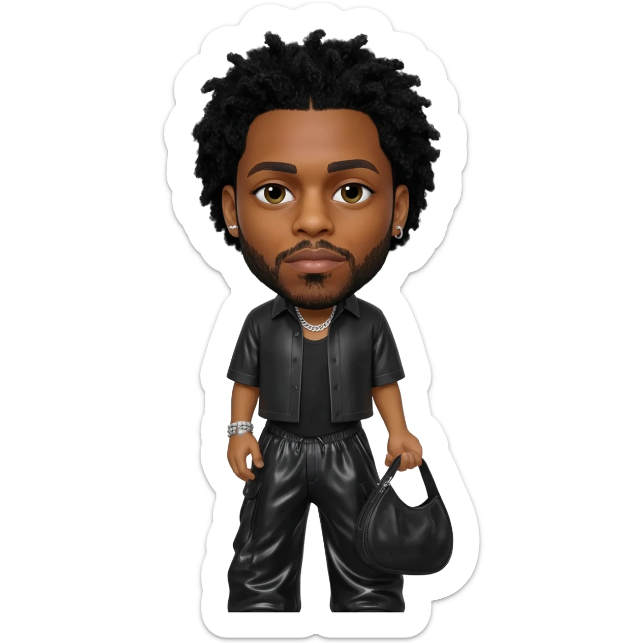 The Weeknd with black hair, black metallic shirt, black metallic baggy pants, silver necklace sticker