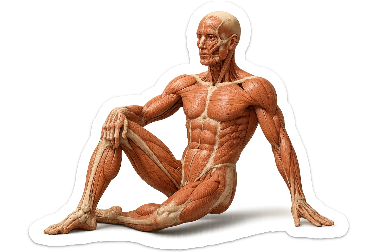 CORPO UMANO ANATOMICO REALISTICO CHE SVOLGE UN ESERCIZIO DI MOBILITà ALLE ANCHE, iperrealistico 4k sticker