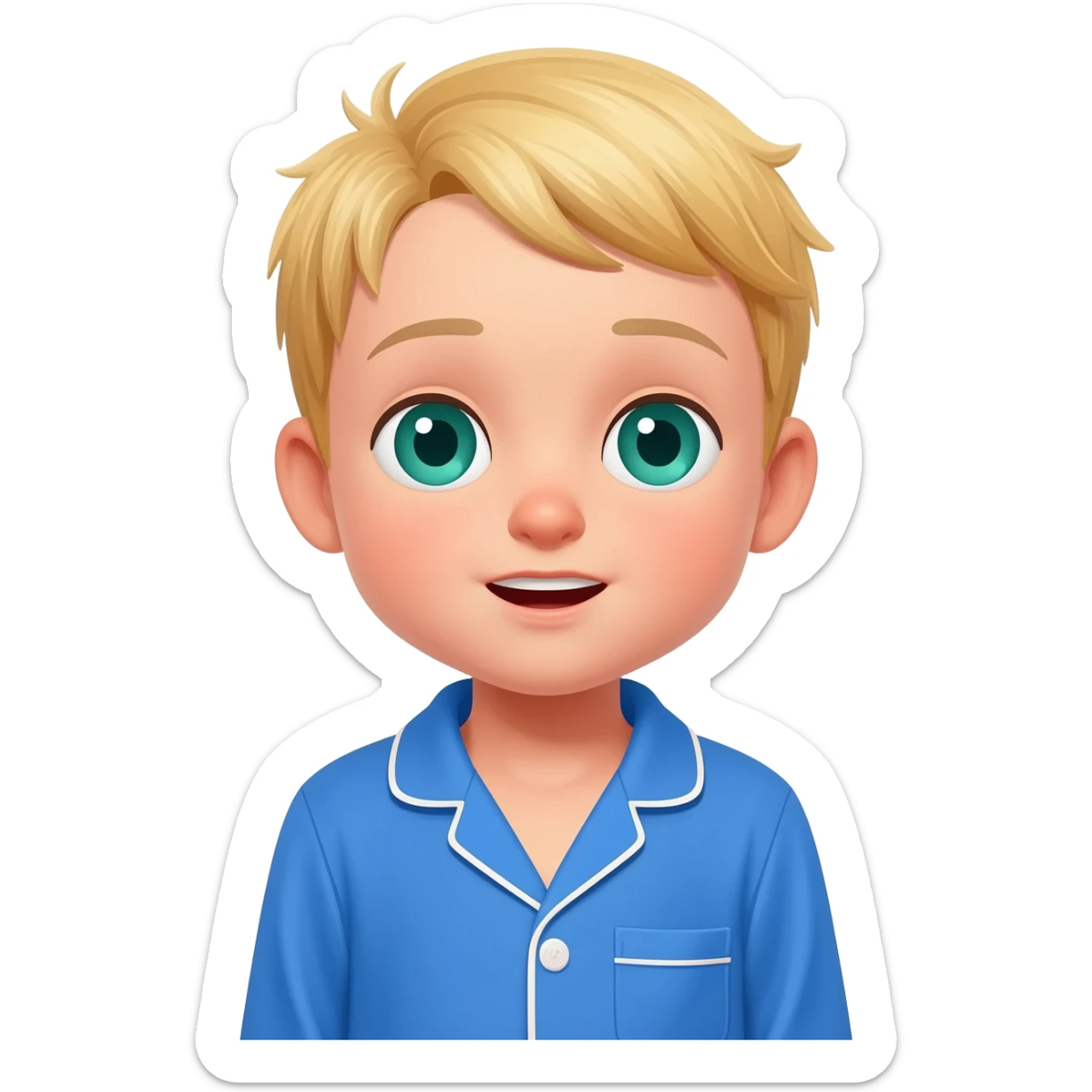 Create an emoji of the same blonde 3 year old as the first one you did. happy boy with blue-greenish eyes with blue pajamas on saying a bible verse sticker