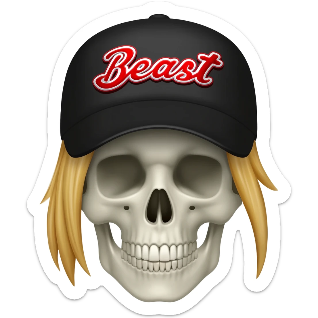 A skullhead thats wearing a black baseball cap with the words "Beast" in red and white with blonde hair sticker
