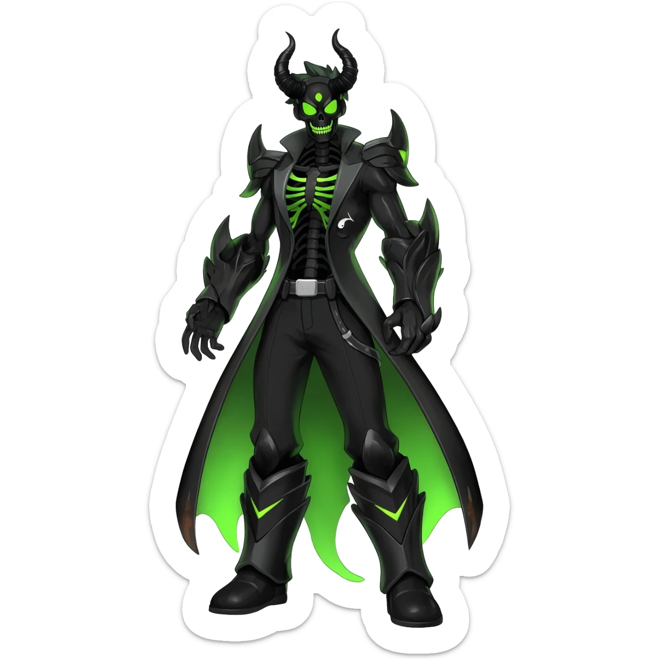Horned Evil Cool Handsome Badass Edgy Obsidian-black and neon-glowing-green skeletal Meloetta-Salandit-Gorebyss-Zygarde-Pokémon-Fakémon-creature-fusion-hybrid sticker