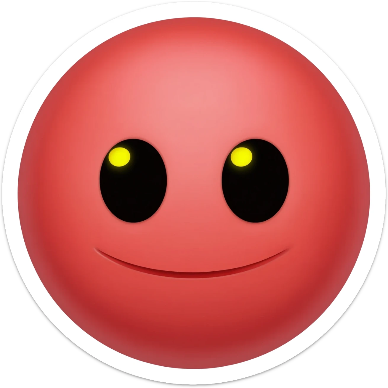 Red circle which has no eyebrows is smiling and has horns and has black eyes with yellow purpis sticker