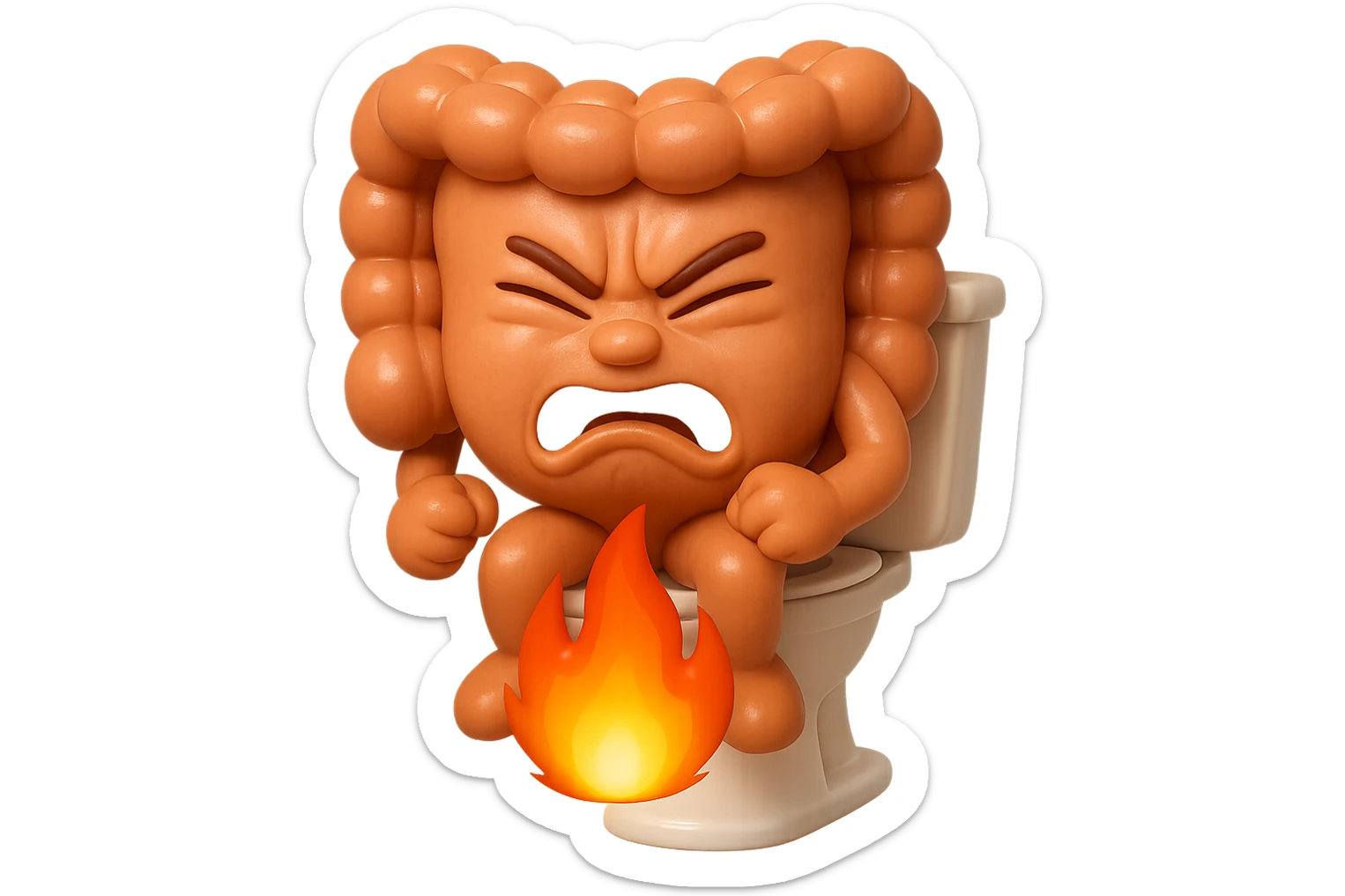 SU QUESTO STILE FAI UN EMOJI STILE IPHONE 3D DI UN INTESTINO CHE sta seduto sul wc e dal wc in mezzo alle sue gambe esce una fiamma stile emoji iphone, FAGLI UN ESPRESSIONE di dolore mentre si sforza E FALLO MOLTO REALISTICO IN 3D sticker