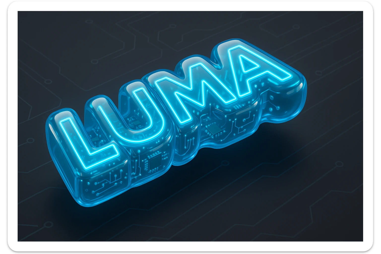 banner design for the word 'Luma' in a Tron-inspired style, featuring a large, bold, highly legible geometric font with neon blue outline and strong glow, set against a dark grey background with circuit-like lines, wide aspect ratio, futuristic digital look sticker