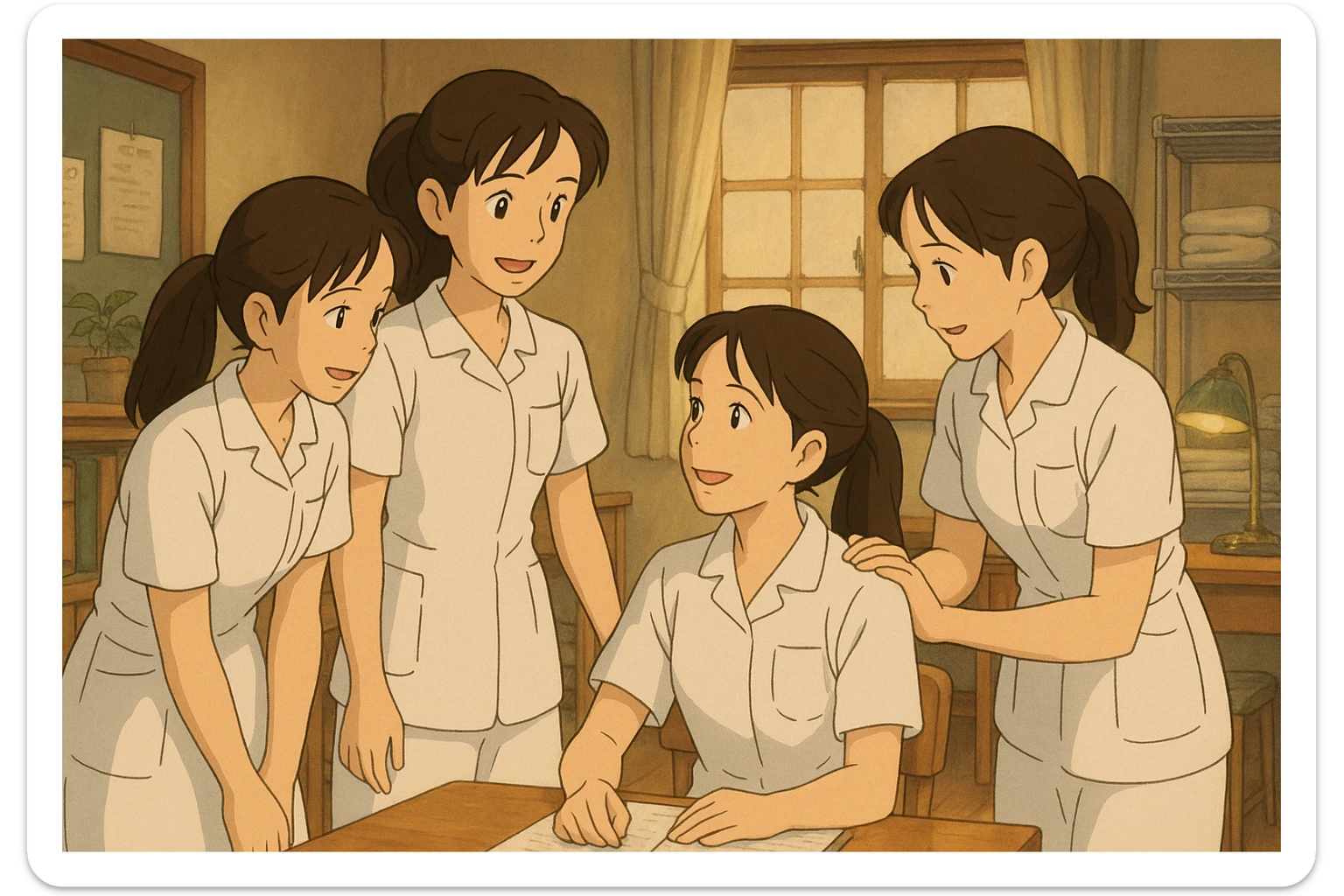 Scène intérieure Ghibli : quatre étudiants infirmiers en interaction, tenues blanches à manches courtes, tuniques col en V avec poche poitrine à gauche, avant-bras nus, sans stéthoscopes ni pied de col, cheveux longs attachés. Collaboration visible, ambiance bienveillante. sticker