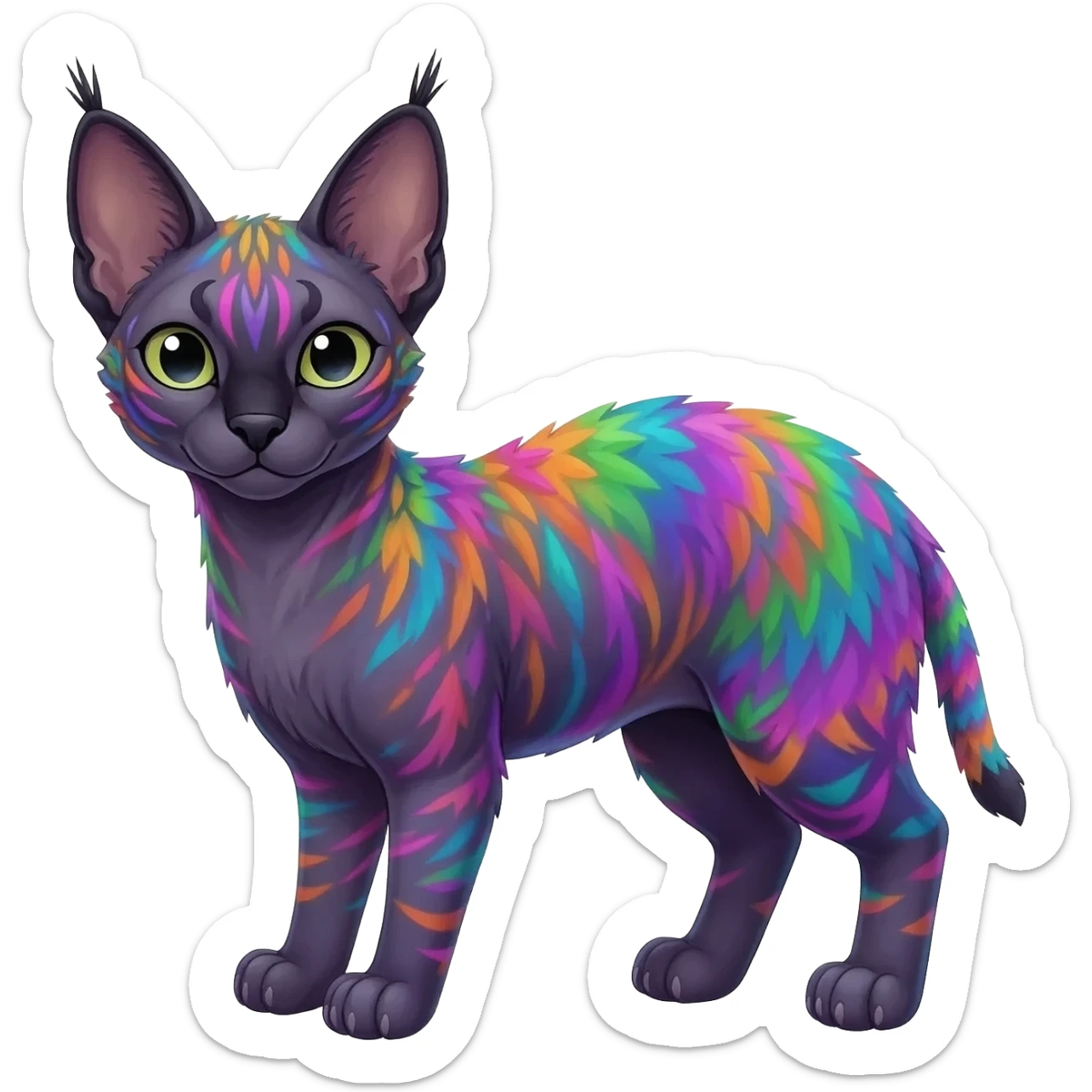 A Colorful iridescent exotic tropical tribal cute happy realistic esoteric patterned fluffy furry dark caracal-Lykoi-bobcat-sphynx-genet-civet-Fakémon-fursona-hybrid-fusion-animal-creature, full body, 4-legged sticker