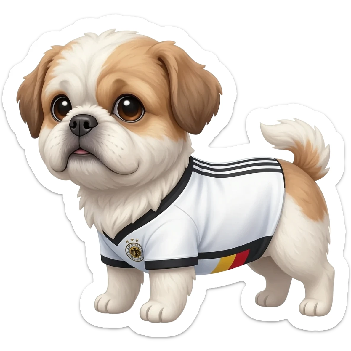 white and light brown shih zhu wearing a German soccer jersey v neck 2026 work cup sticker