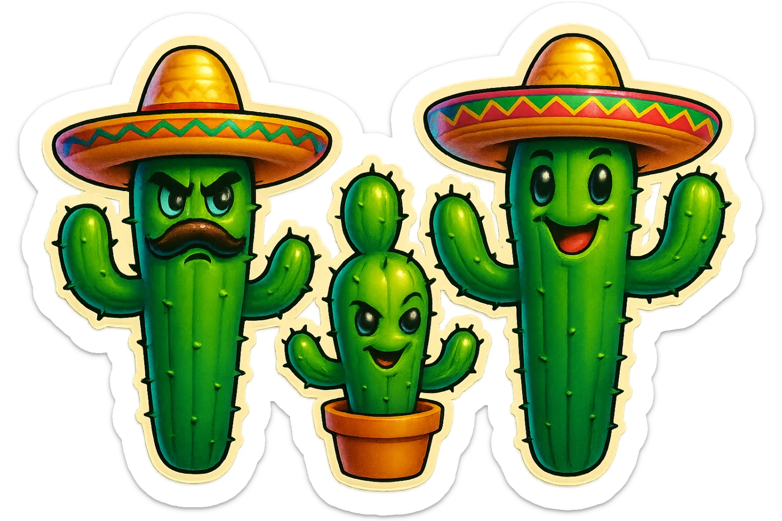 Edit the trio of cactuses with Mexican hats: make one cactus have a mustache and look angry, one cactus look sly or naughty, and one cactus look happy. Keep the background transparent. sticker