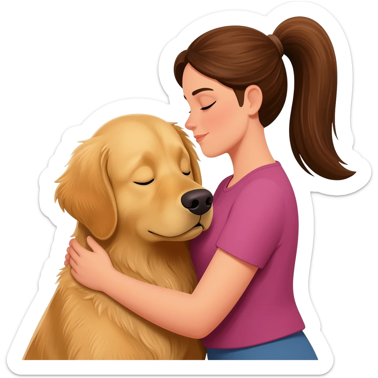 woman using ponyhair brownhair is hugging a golden retriever dog sticker