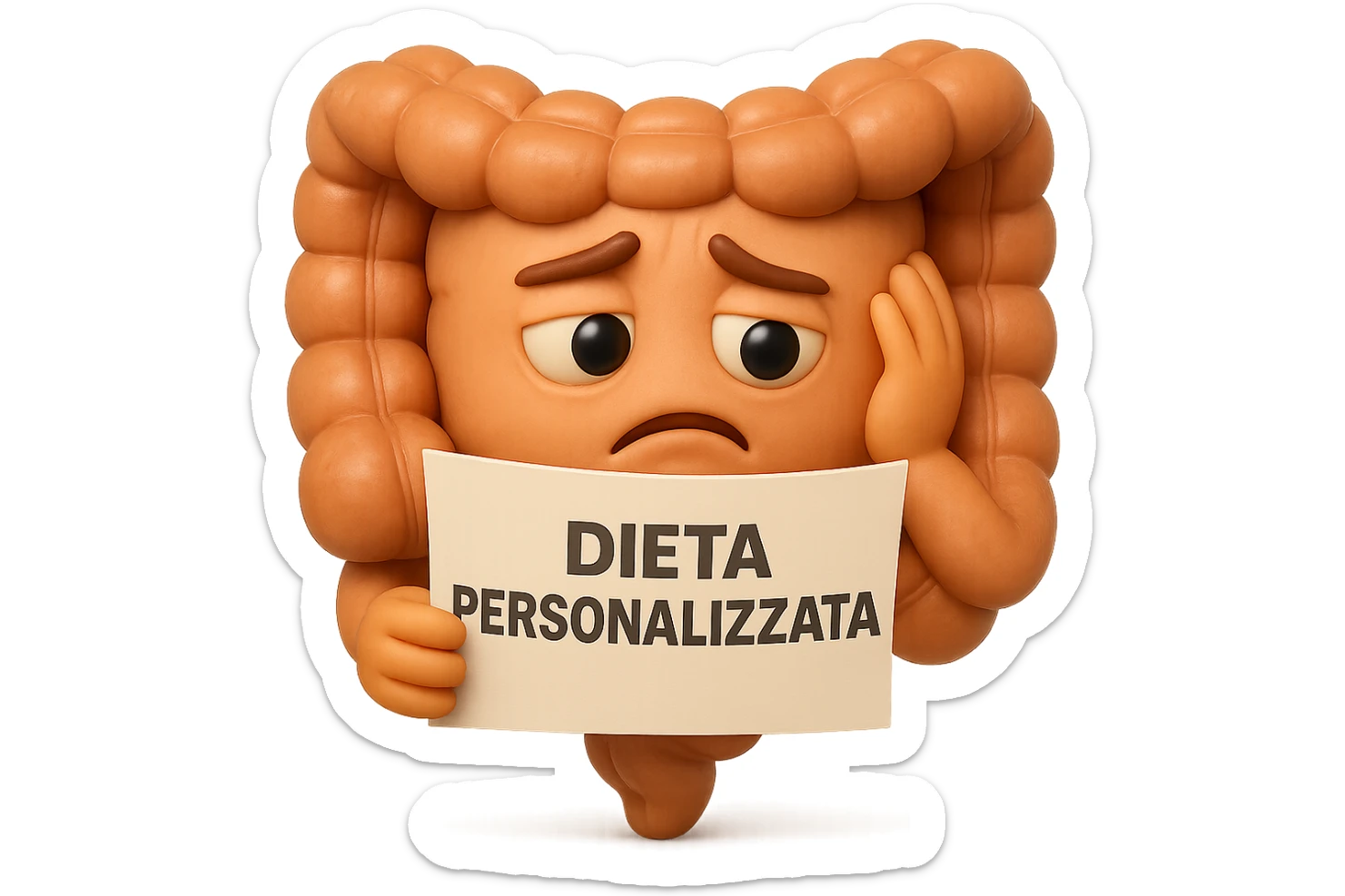emoji stile iphone 3d di un intestino con mal di pancia che legge un foglio con la scritta "DIETA PERSONALIZZATA", ESPRESSIONE PENSIEROSA, iperrealistico 4k sticker