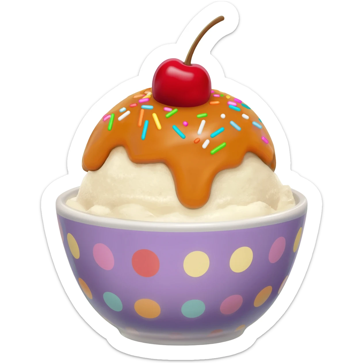 Hyperrealistic ice-cream sundae with caramel sauce, colorful and sparkly sprinkles,  with a cherry on top, in a plauful patterrned bowl, extremely detailed, high quality, isolated, 3D rendering, 8k hd, 600 dpi. No emoji icons, no emoji faces, no human figures  sticker