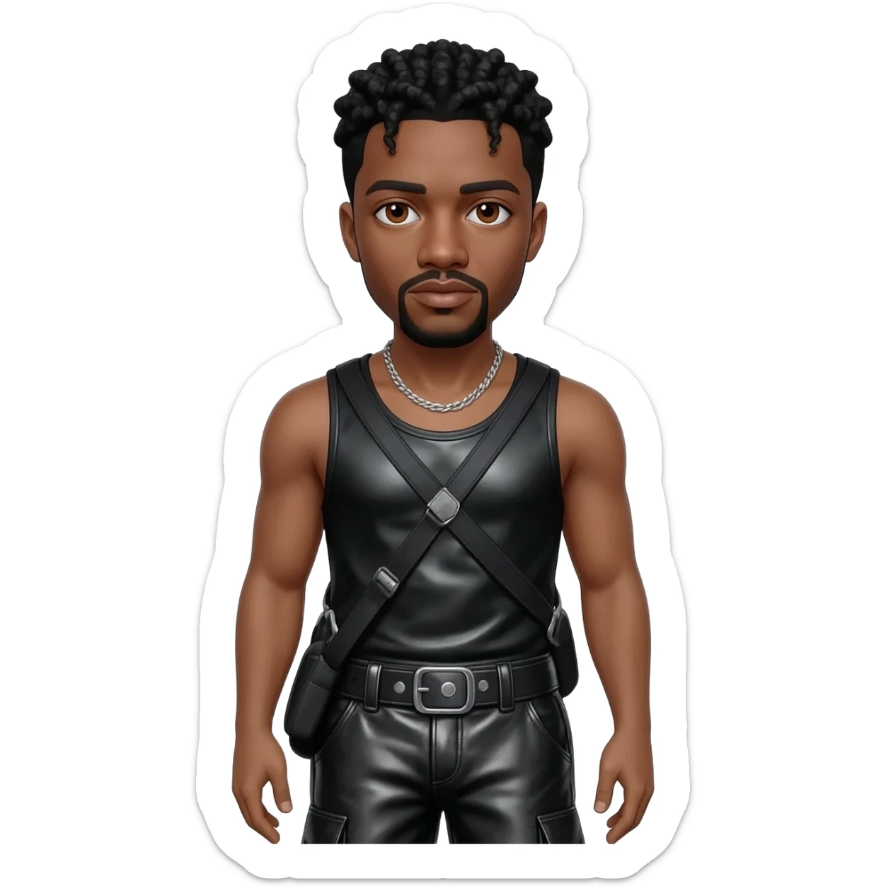 Usher with brown eyes, black hair, black metallic boat tank top, black metallic baggy pants, silver necklace sticker