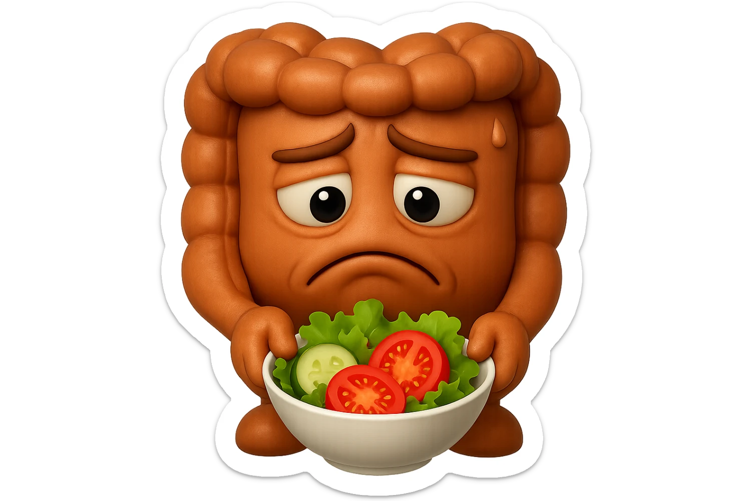 EMOJI STILE IPHONE DI UN INTESTINO UMANO ANATOMICO CHE GUARDA UN INSALATA CON ESPRESSIONE TRISTE E RASSEGNATA IN VOLTO: SOFFRE LA FAME PERCHé è A DIETA, FAGLI ANCHE LA PARTE BIANCA DEGLI OCCHI, NON SOLO LE PUPILLE, IPERREALISTICO 4K sticker