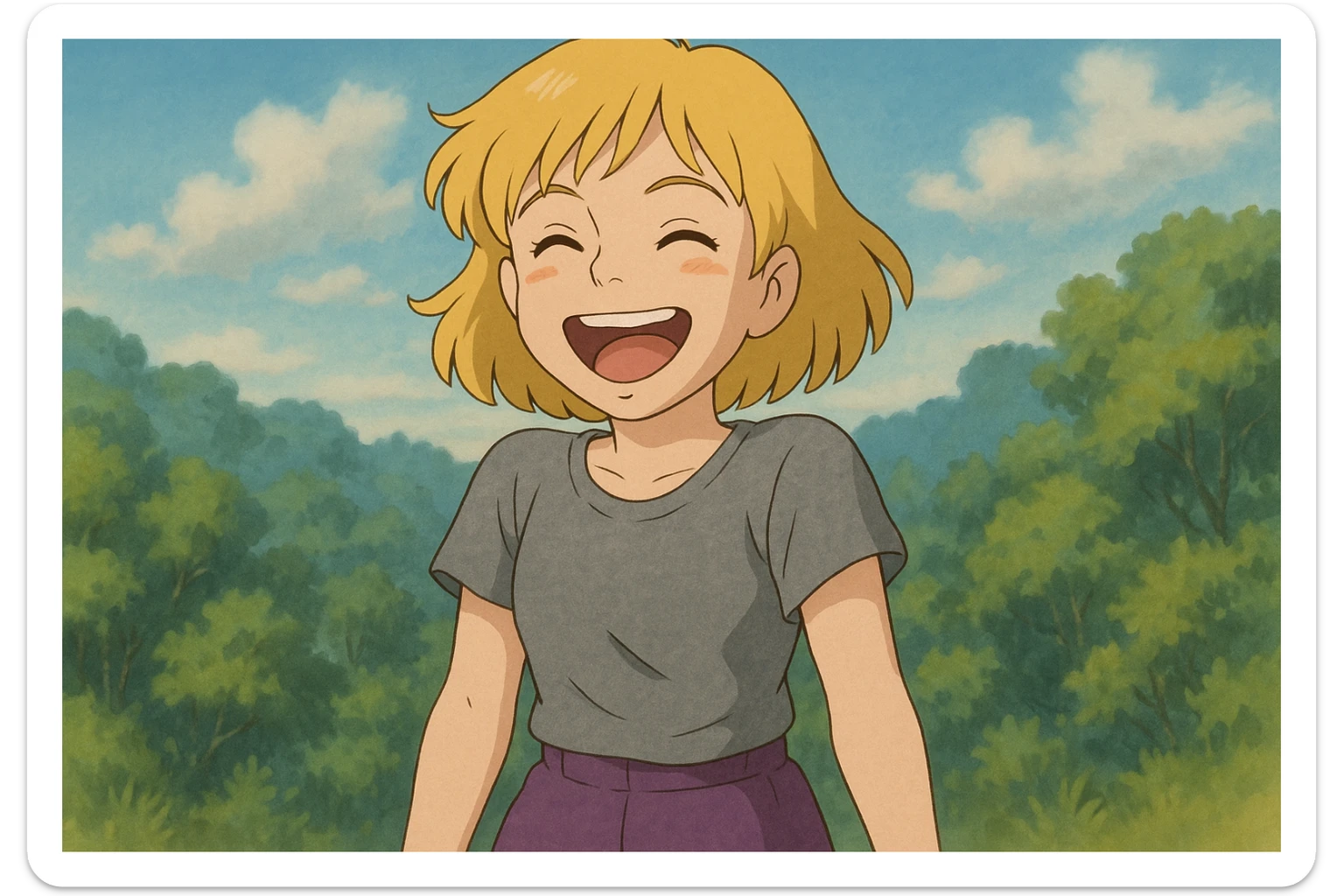 A girl yellow hair brown eyes grey Women's just t's short triblend t-shirt purple trousers laughing sticker