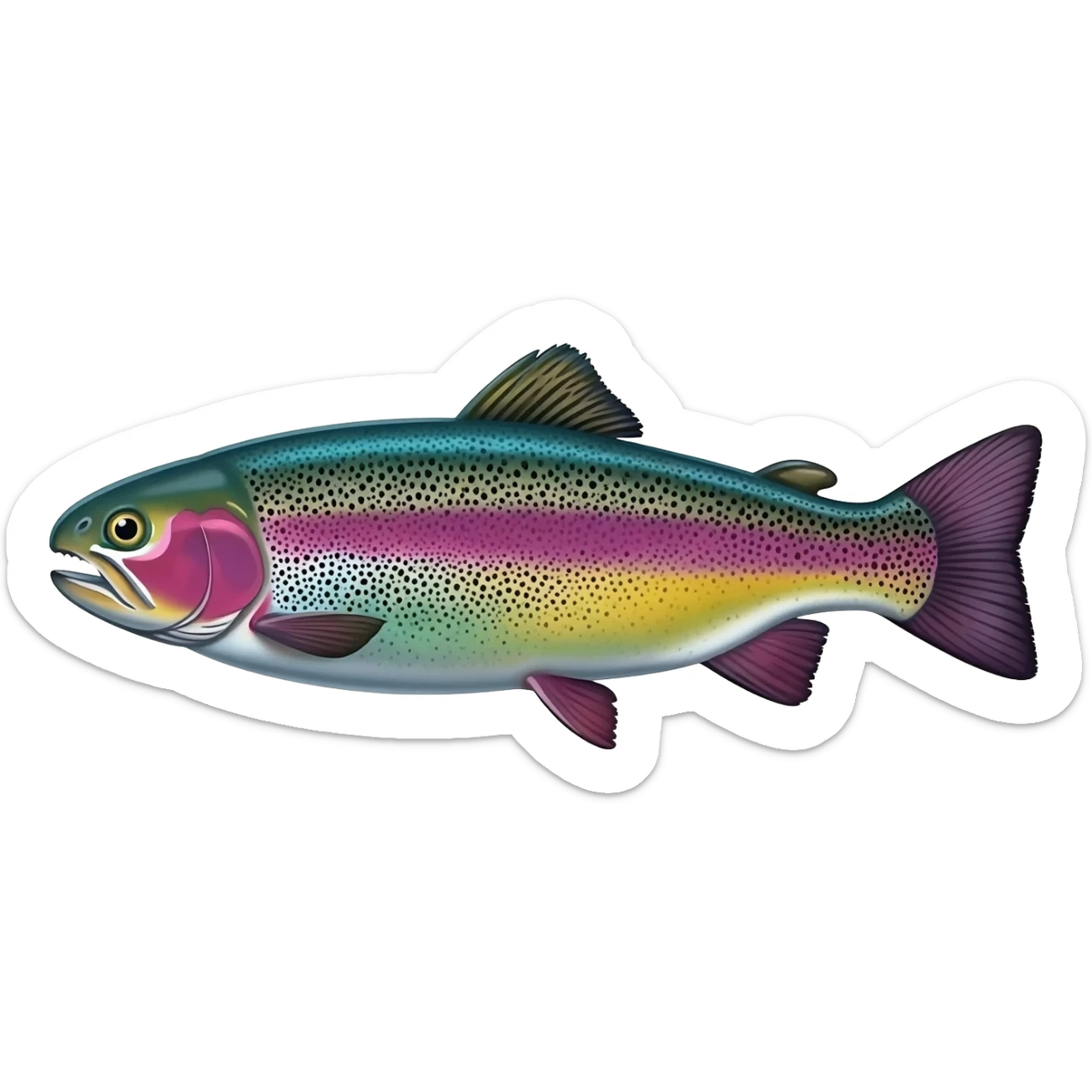 realistic rainbow trout fish bright purple blue green yellow white with black speckles sticker