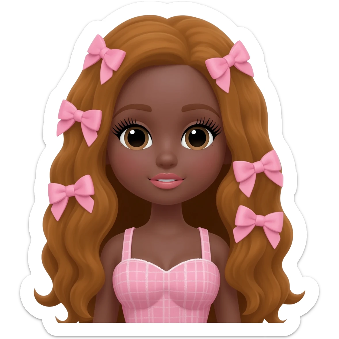 Doll, big chest, with darkbrown skin with long honey brown wavy hair with pink bows, lashes, cute lips sticker