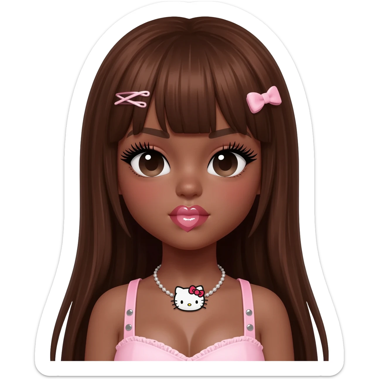 heart shaped lips, cute glossy lips, doll eyes with long lashes, dark brown skin, long brown hair, big chest, hello kitty necklace, one bow clip, bimbocore outfit sticker