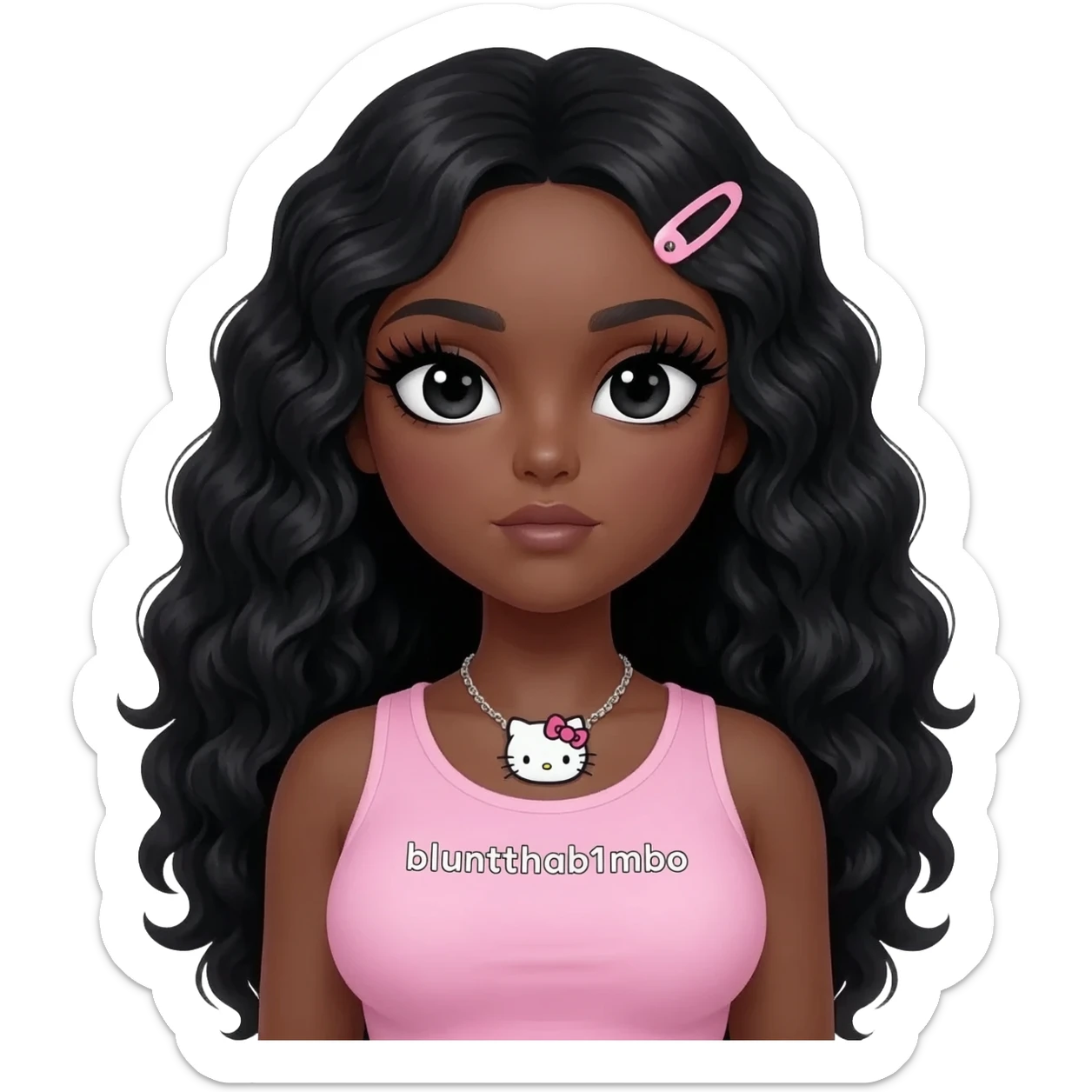 Long giant lashes, my melody hairclip, Doll faced shaped, hello kitty necklace, bimbo, black doll eyes, barbie, dark brown skin with long curls black hair, light pink bimbo sleeveless shirt says "bluntthab1mbo", big breast sticker
