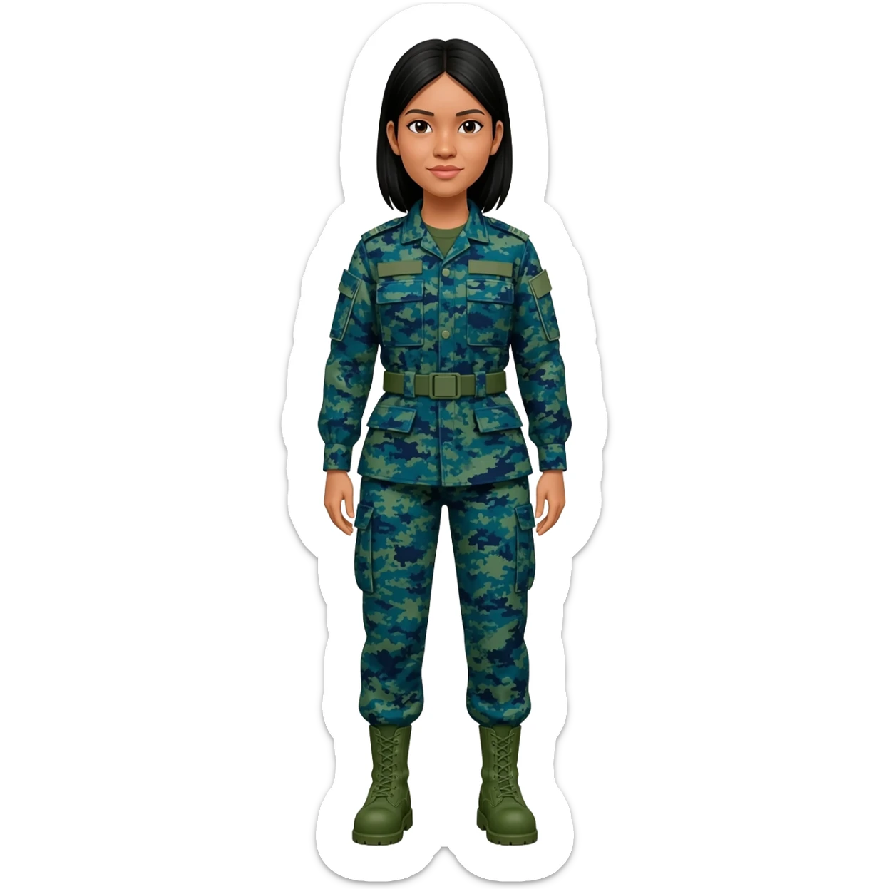 Filipino female army soldier bdu camo with green combat boots without plate carrier and without wear belt without knee pads long sleeve sticker