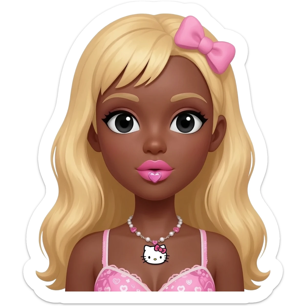 hello kitty necklace, heart shaped cute lips bimbo, black doll eyes, Big lips barbie, dark brown skin with blonde hair, bimbocore outfit bra sticker