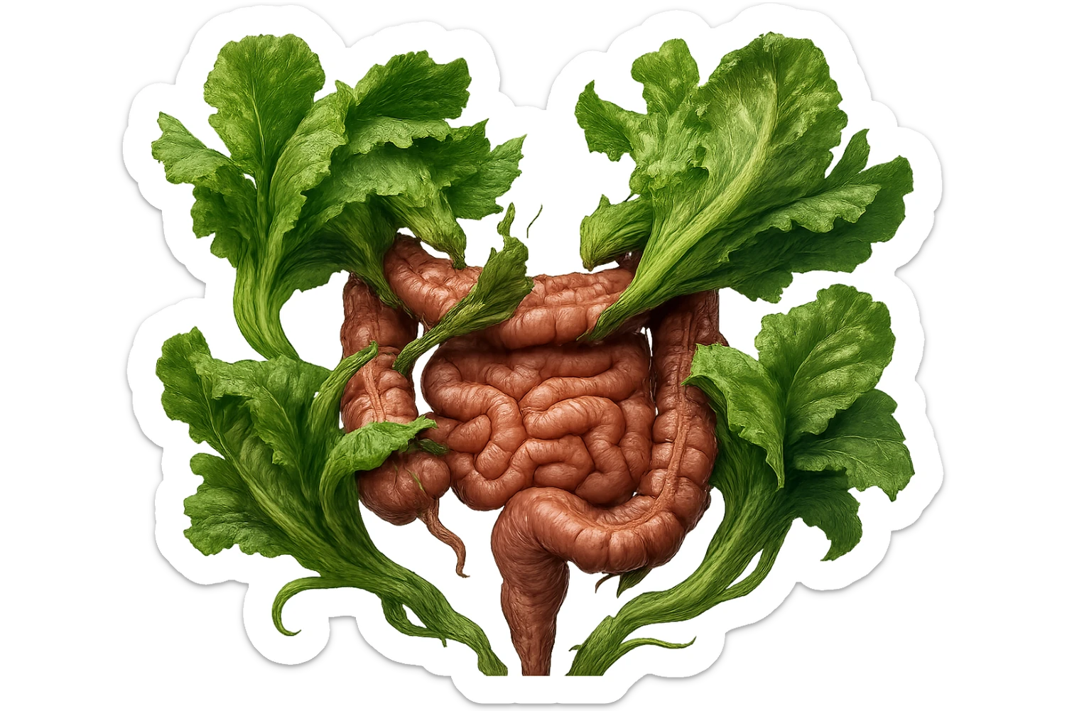 foglie di insalata che attaccano un intestino anatomico umano per distruggerlo, iperrealistico sticker