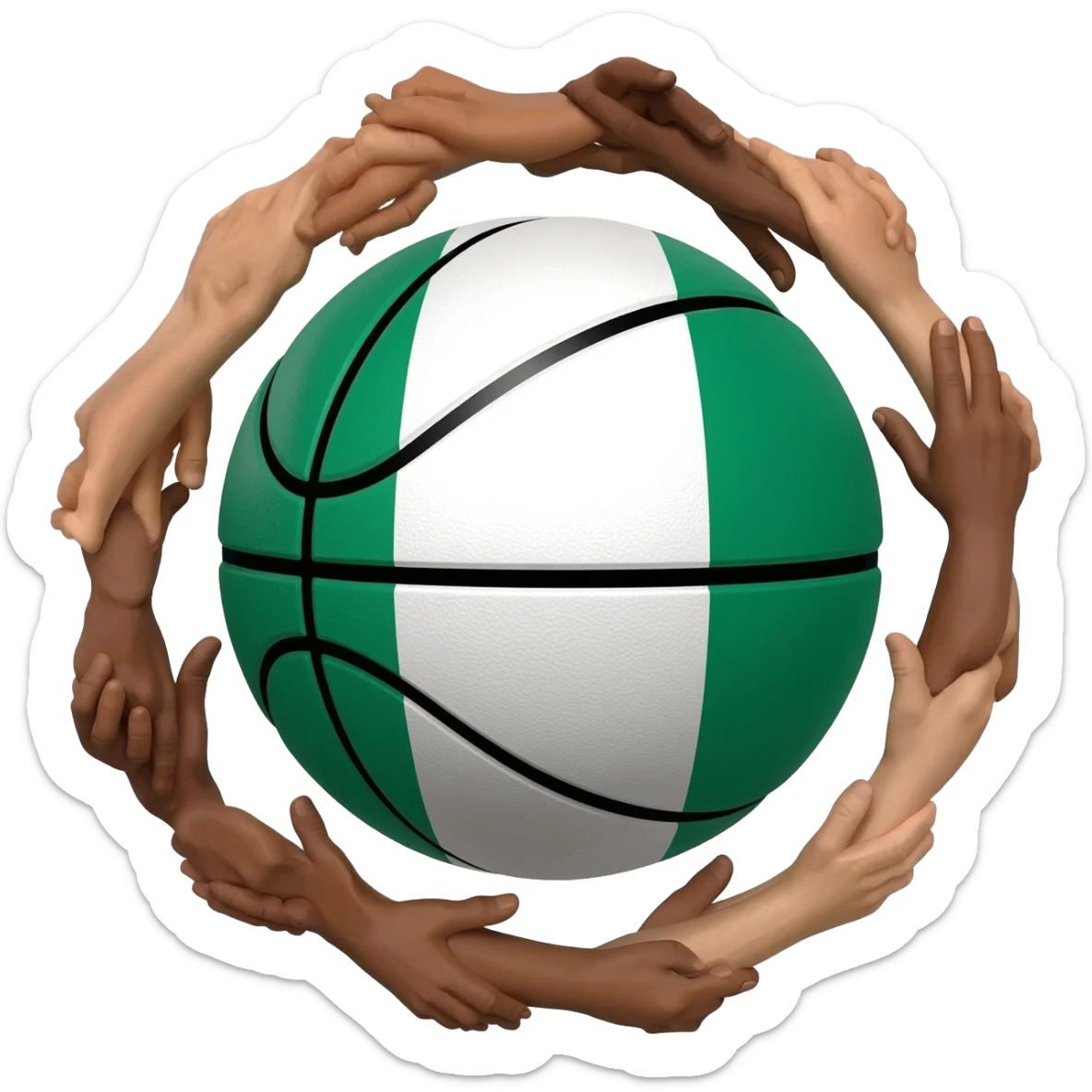 I want a Nigeria basketball that has hands holding each other around it in a circle sticker