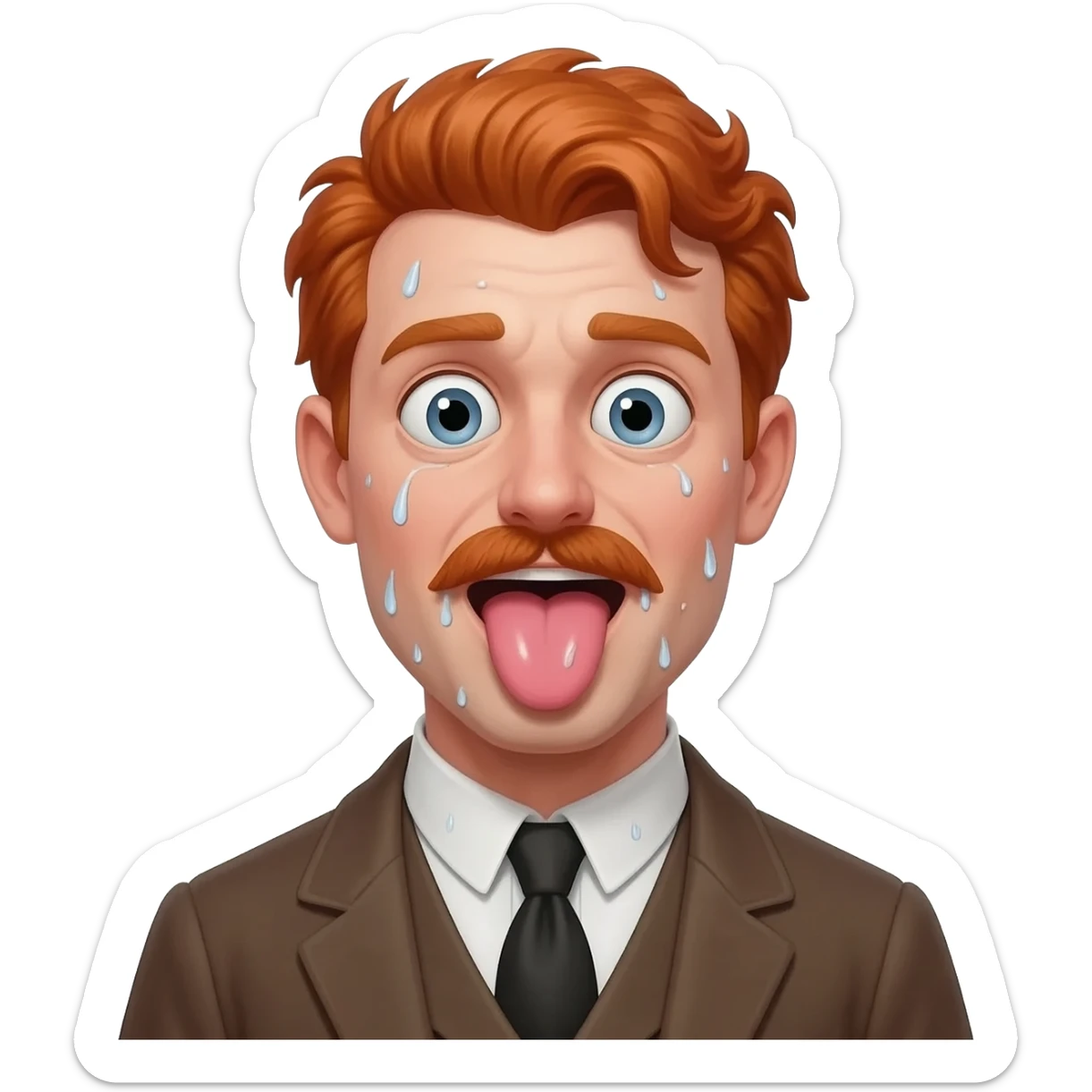 Red and sweaty snob man from 1900, eyes wide open, tounge out, sweat pouring sticker