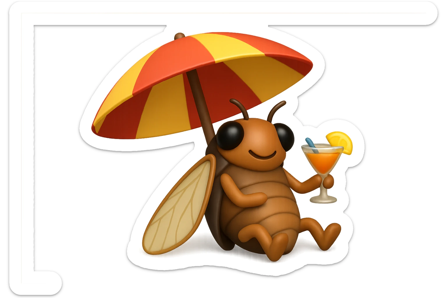 EMOJI STILE IPHONE 3D DI UNA CICALA CHE STA RILASSATA SEDUTA SOTTO L'OMBRELLONE IN SPIAGGIA CON UN COCKTAIL IN MANO sticker