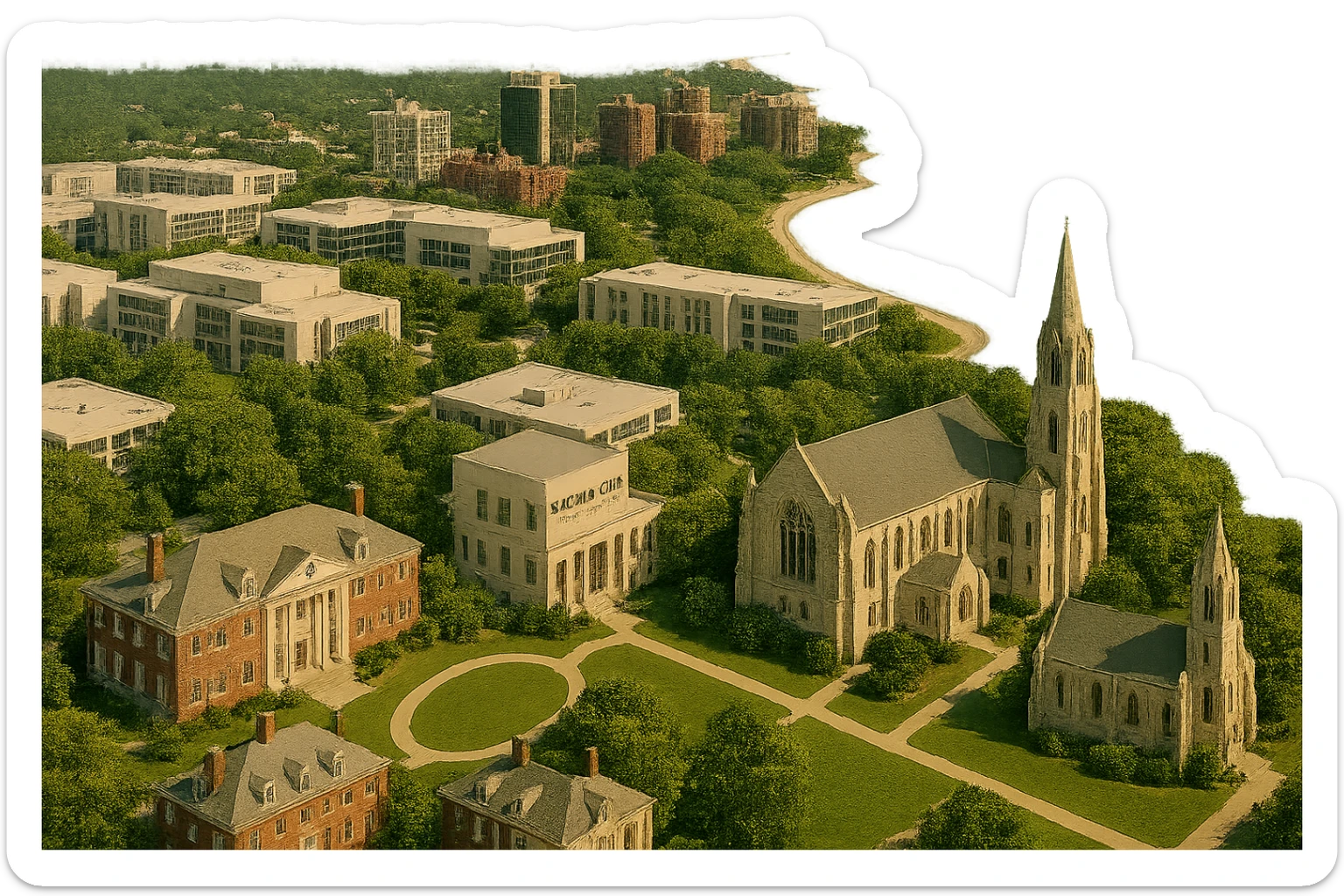 Add the Sigma Chi International Fraternity Headquarters and the Levere Memorial Chapel (Sigma Alpha Epsilon HQ) as visible, recognizable landmarks to this Evanston cityscape. Keep all existing features intact including the Northwestern University campus, Lake Michigan shoreline, and downtown Evanston. Render in a cinematic, realistic style with a transparent background. sticker