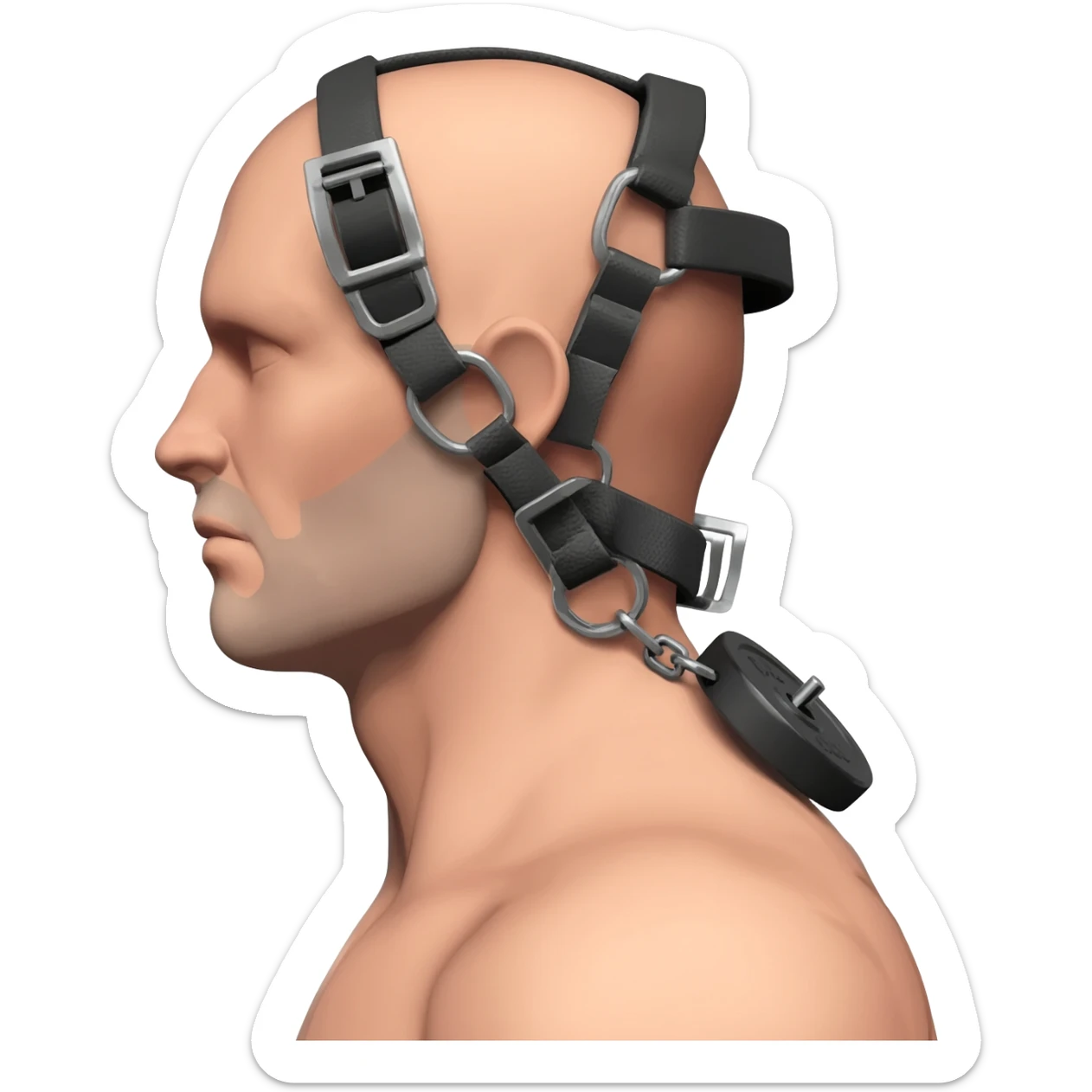 Side profile with neck fully extended back, showing defined neck fibres and a prominent Adam’s apple. Wearing an **Iron Neck head harness** with D-rings near the ears, with a chain through a weight plate attached to the rings. sticker