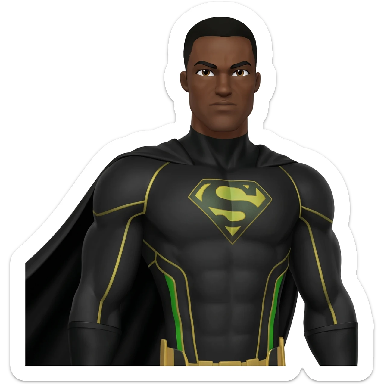 Superhero suite black male all green and gold lines with long black cape very tall letters G and big arms full body sticker