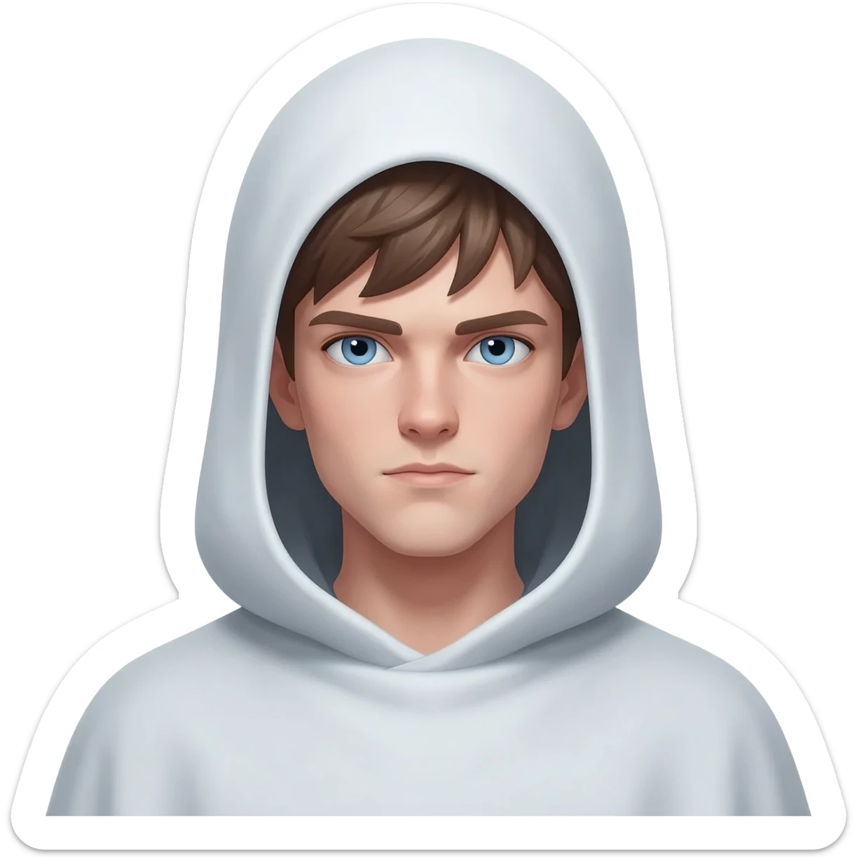 Create a memoji-style character: 26-year-old white male, brown hair, striking blue eyes, mysterious. Wearing ghost cloak with hood or mask partially covering face. Ethereal, modern ghost vibe, expressive eyes visible. Clean, cartoonish Apple Memoji style, simple background, suitable for brand mascot sticker