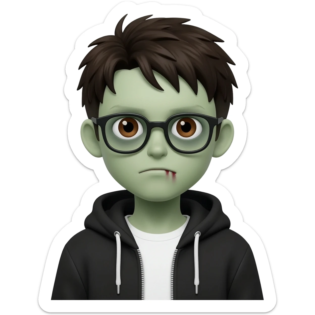 zombie boy with white tshirt and black brownish hair and with black glasses frames on hair is texturized young boy and round face more green face and dark brown eyes black thick cotton y2k hoodie with the white t-shirt under it hood of hoodie is standing up a slight bit and no ties on hoodie sticker
