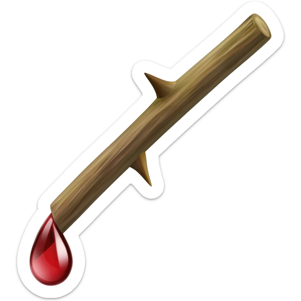A small twig with a single thorn with a drop of blood falling from the thorn sticker