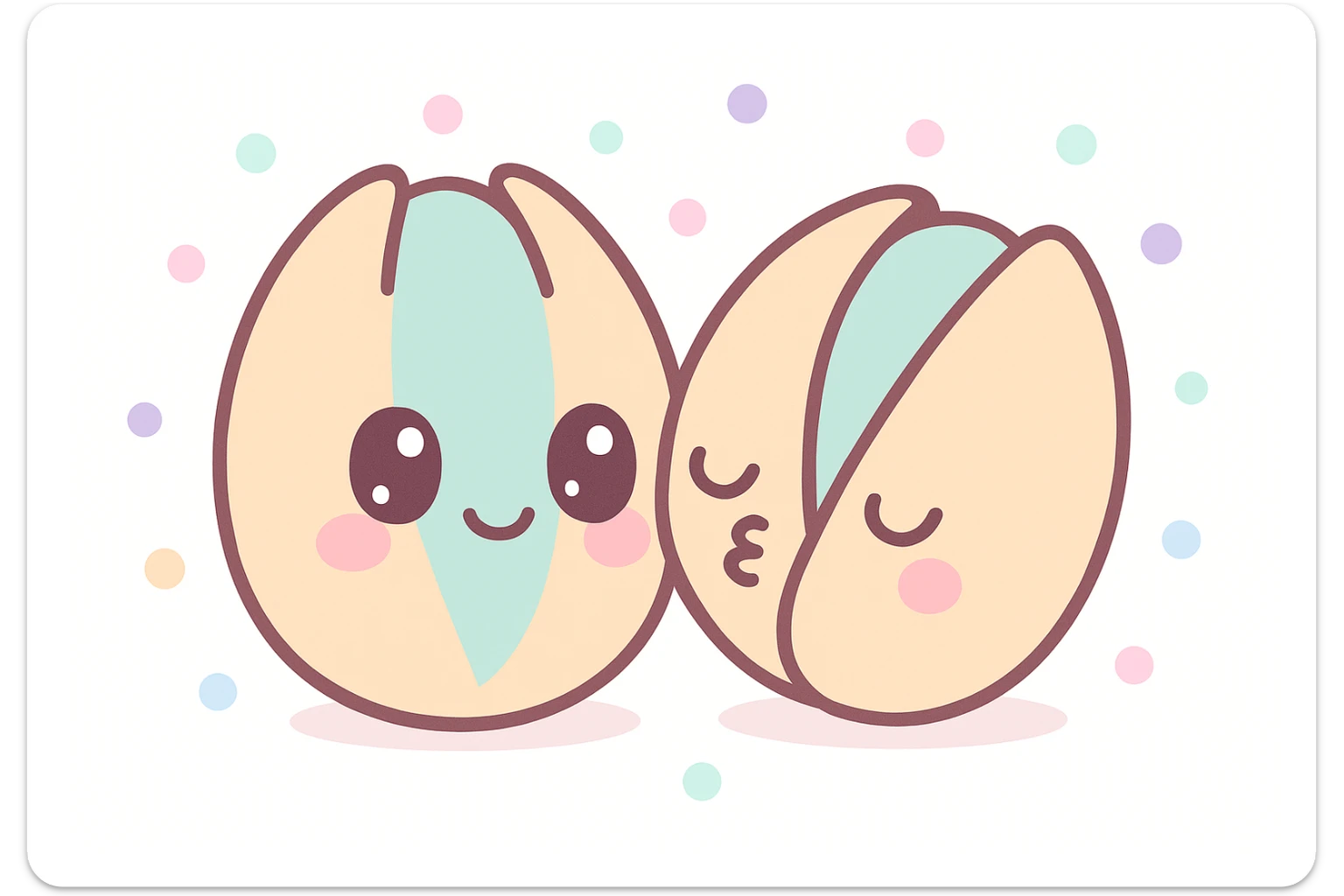 cartoon pistachios, one kissing the other on the cheek, simple background, adorable style sticker