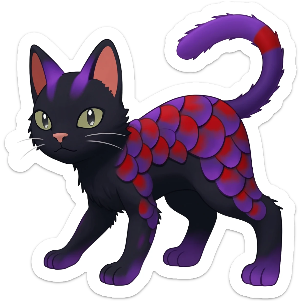 Black edgy Noibat-Purloin-Torracat-Lykoi-Caracal-cat-Fakemon-fusion-hybrid-creature with violet and red scale markings sticker