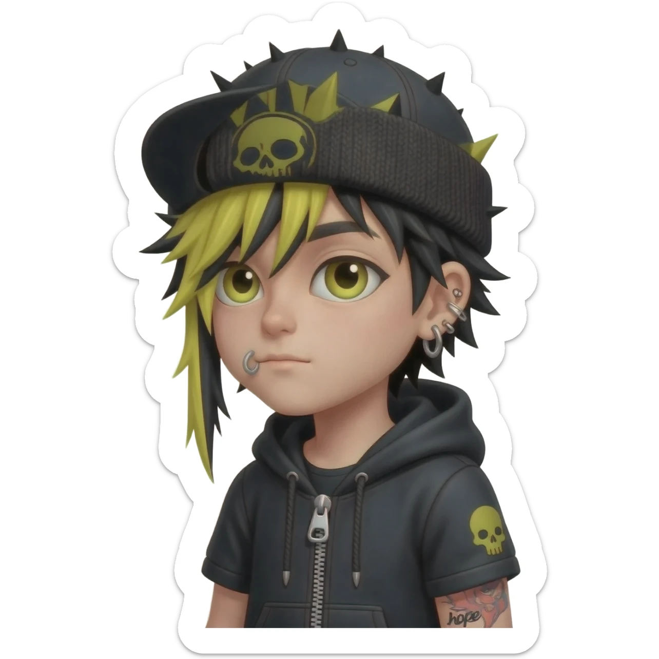 boy japan spiky long  yellow black hair, hoodie zip is vignetteskullcap wear piercings tatto "hope" sticker