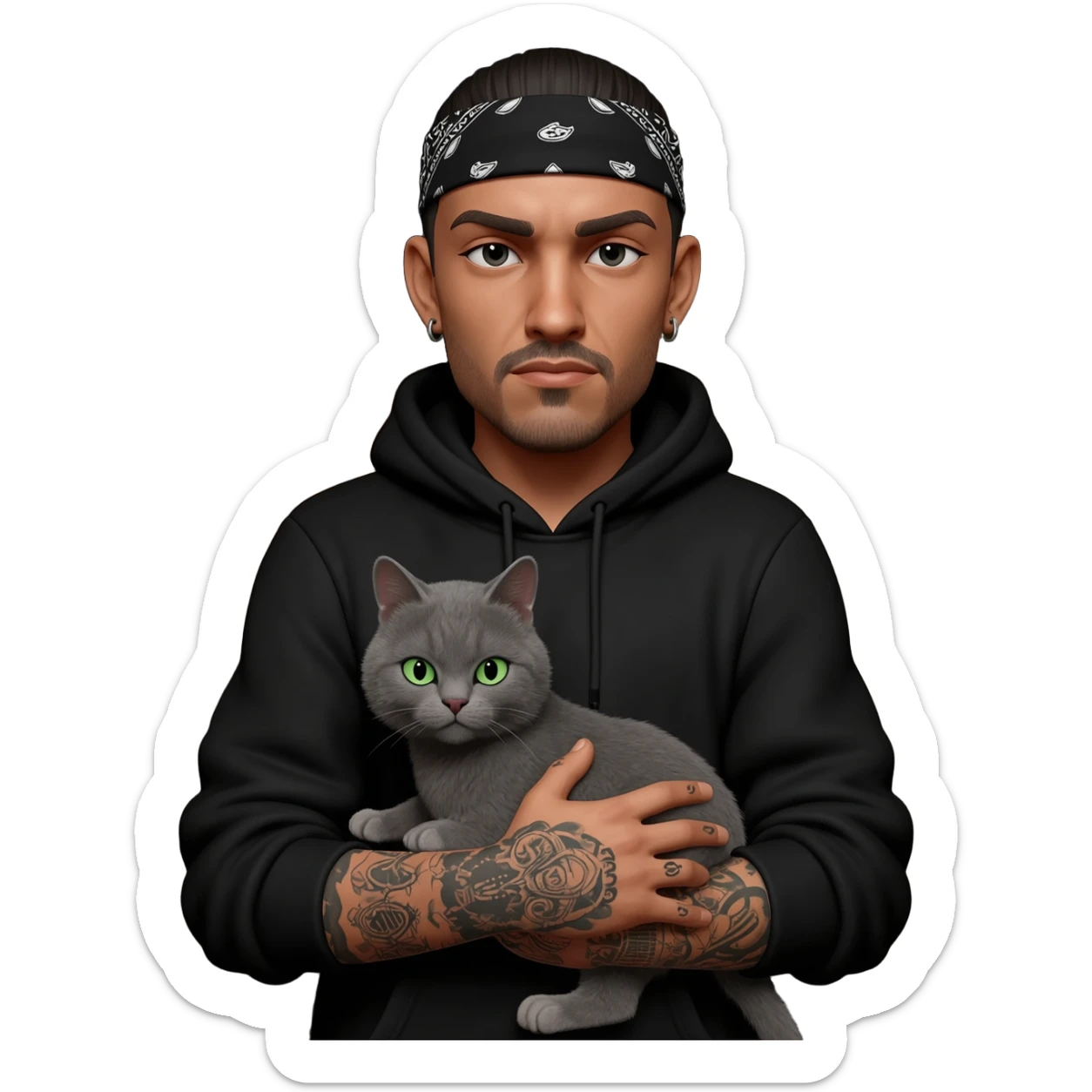 A Mexican thug with tatts holding a gray cat sticker
