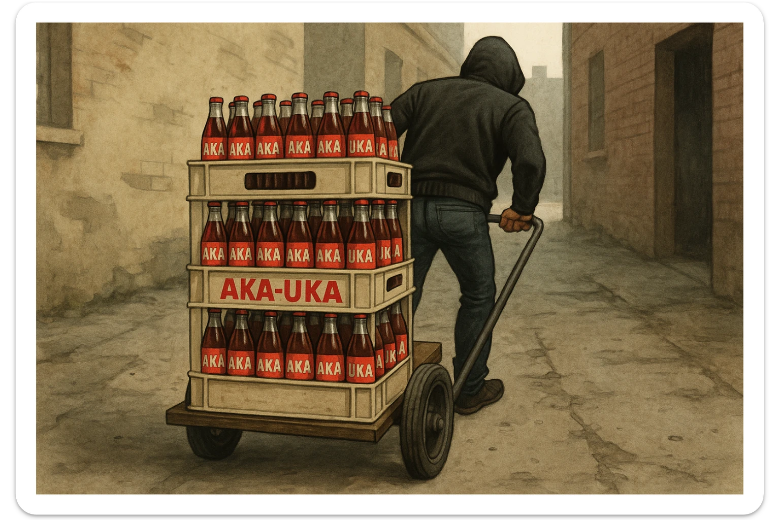 aka-uka ichimlik ortilgan aravani olib qochishyapti orqa tarafdan rakurs yuzi ko'rinmasin sticker