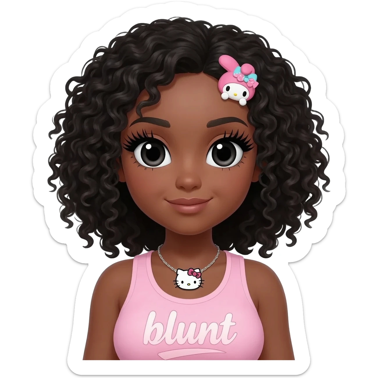 Long giant lashes, my melody hairclip, Doll faced shaped, hello kitty necklace, bimbo, black doll eyes, barbie, dark brown skin with curly black hair, light pink bimbo sleeveless shirt says "blunt" , big breast sticker