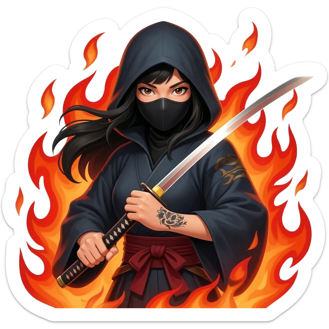 Girl, ninja, katana,fire, brown eyes, long hair, black hair, mask, left hand have heart. sticker