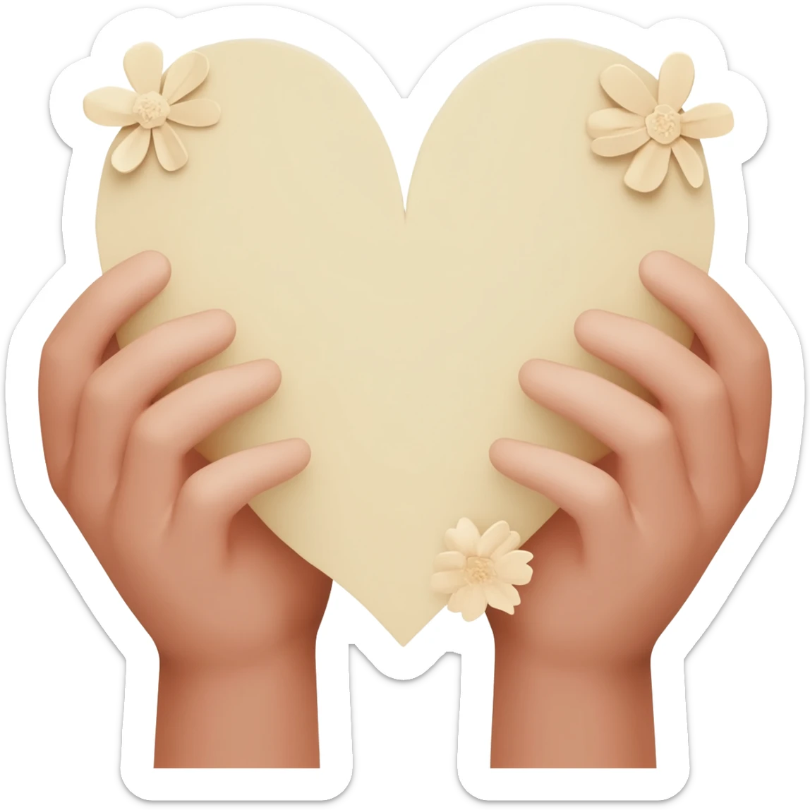 Realistic hands are holding light beige human heart with beige flowers sticker