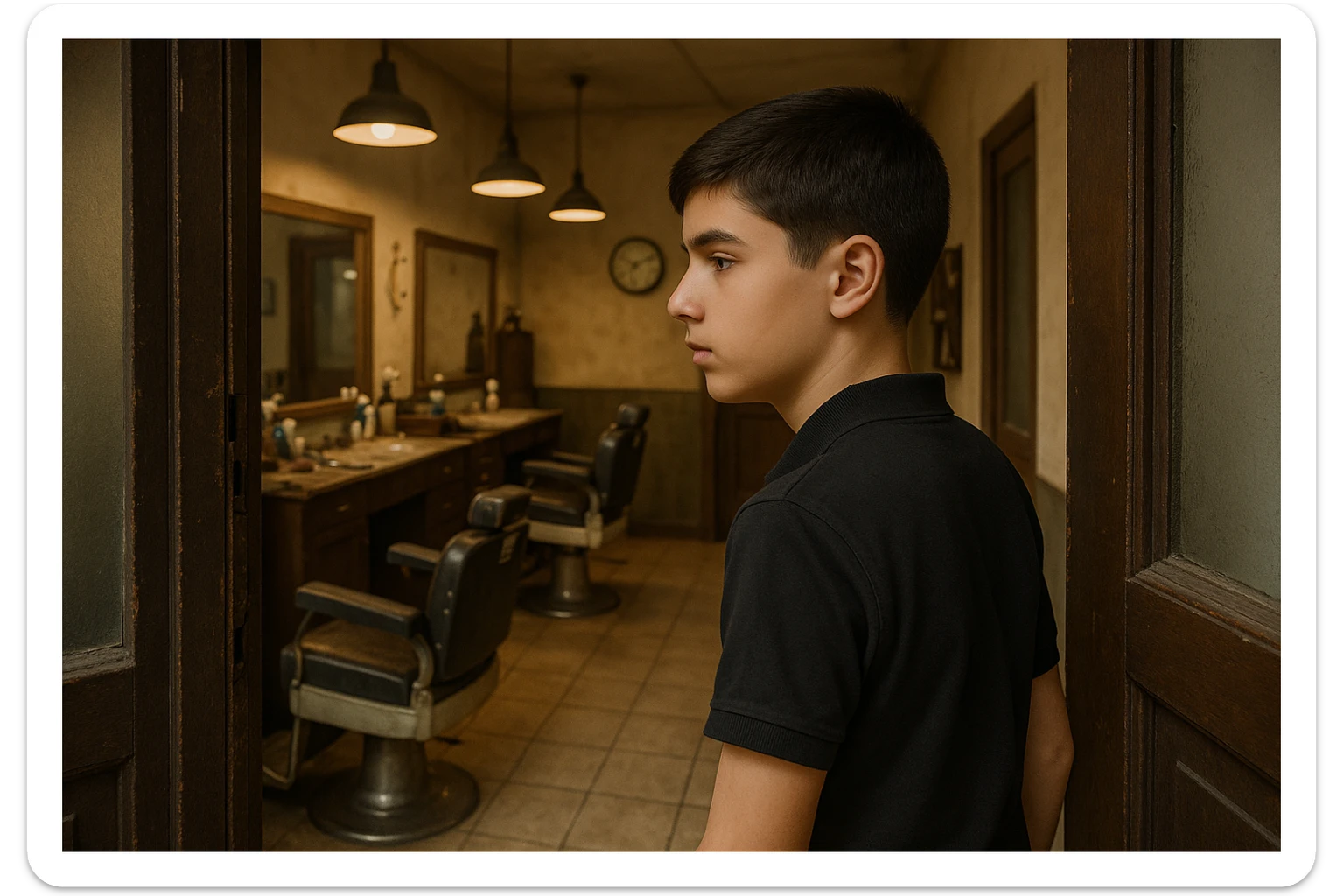 sartaroshxonaga kirib kelyotgan odam rakurs  ichkarigan hali o'smirin yoshda soqoli yo'q ichkari unchalik eski ham yangi ham emas 
 sticker