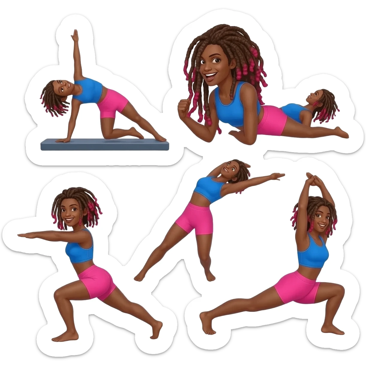 African American girl with long brown dreadlocks with red tips, pink workout shorts and a bright blue cropped top in various Pilates positions sticker