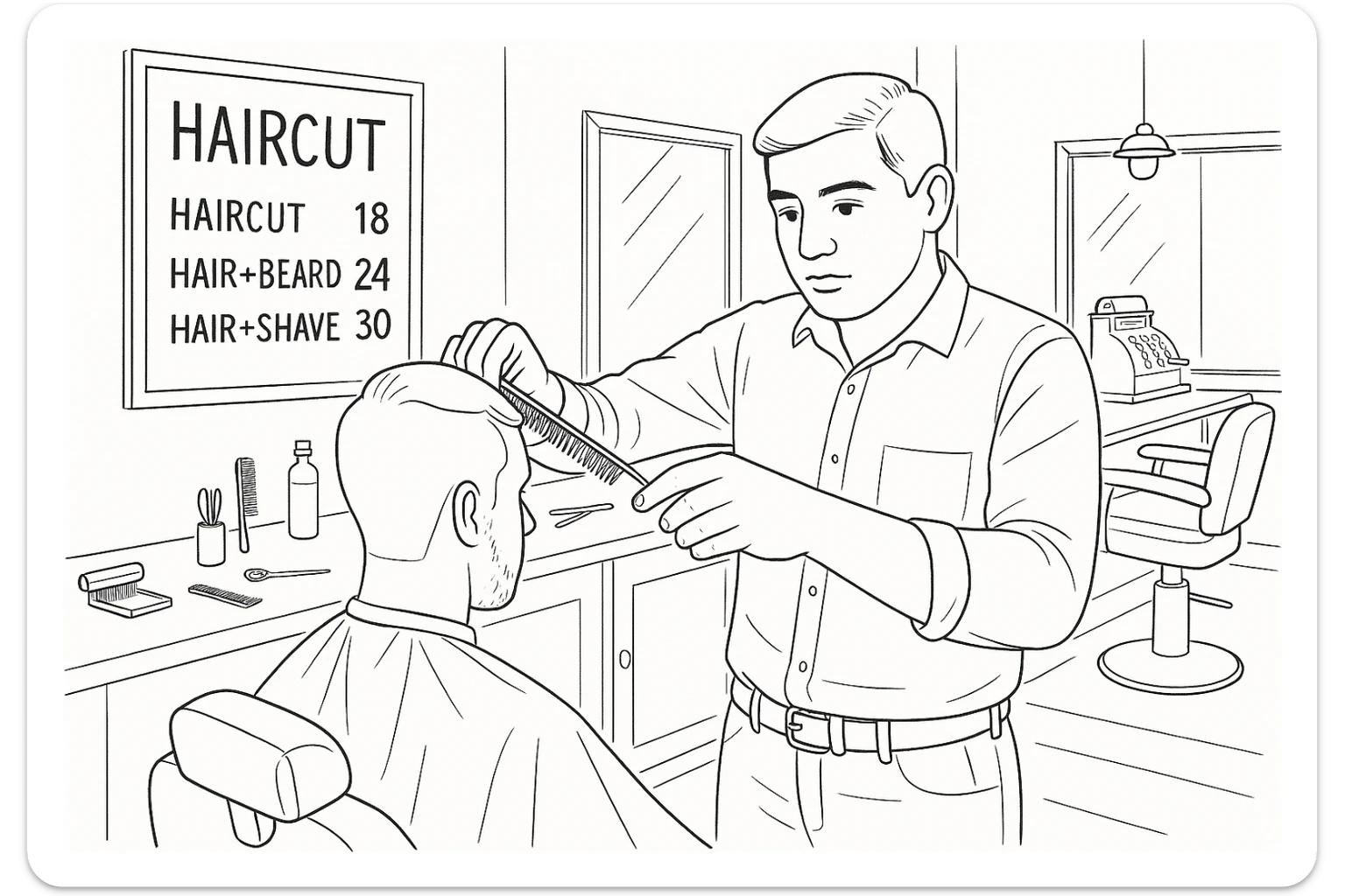 Draw me a sketch of the barbershop, but make sure there's a cash register there. sticker