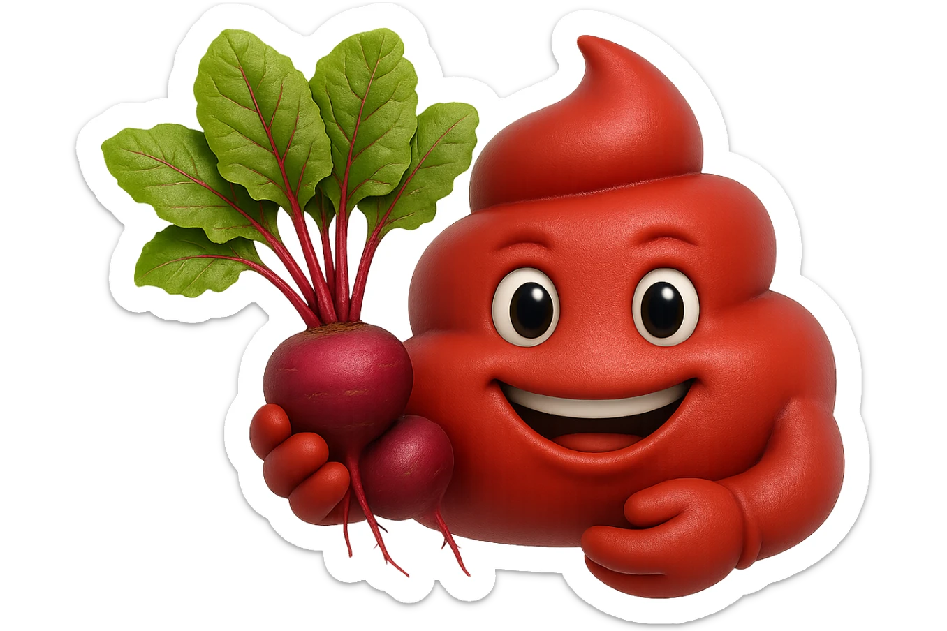 emoji stile iphone 3d di una cacca rossa con barbabietole in mano, iperrealistiche 4k sticker