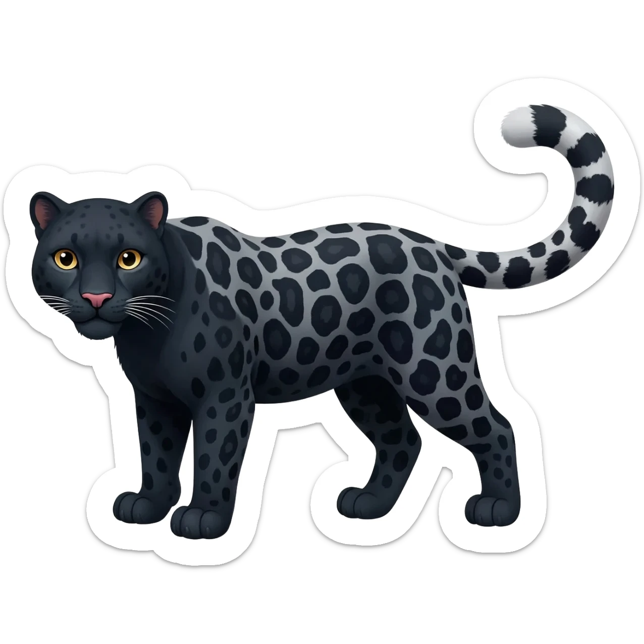 Black Snow Leopard-Panther-hybrid-animal-creature with white stripes and spots and splotch markings sticker