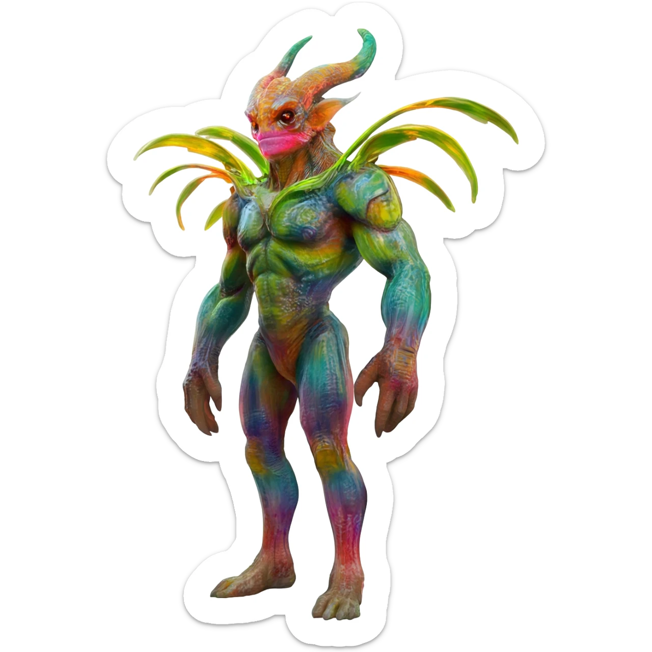 Tropical futuristic lush warm-colored neon Fionbri-Vernid-creature (full body) sticker