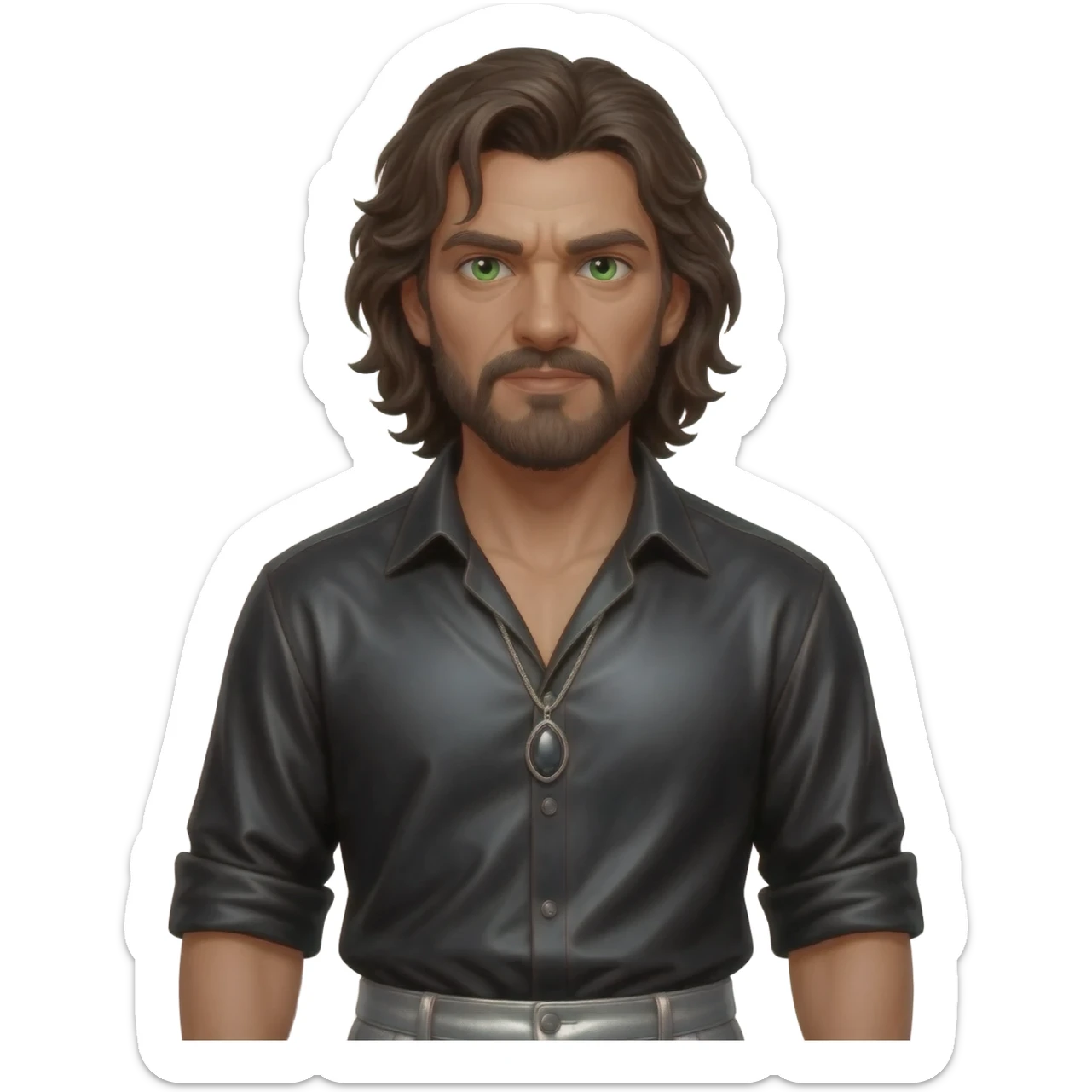 Iago from Othello with green eyes, dark brown hair, black metallic shirt, gray metallic baggy pants, silver necklace sticker